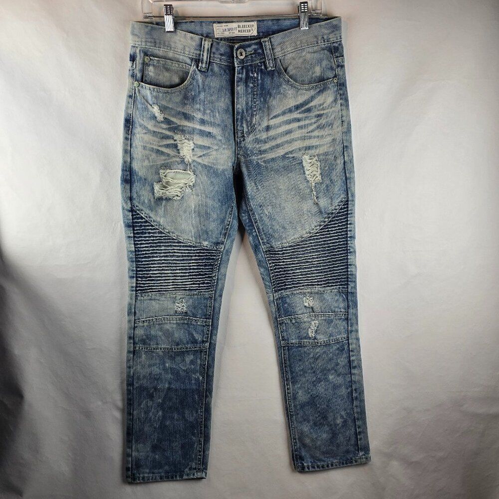 Bleecker Mercer Jeans Men 32x30 Blue Denim Slim Taper Fit Moto Distressed Bleach